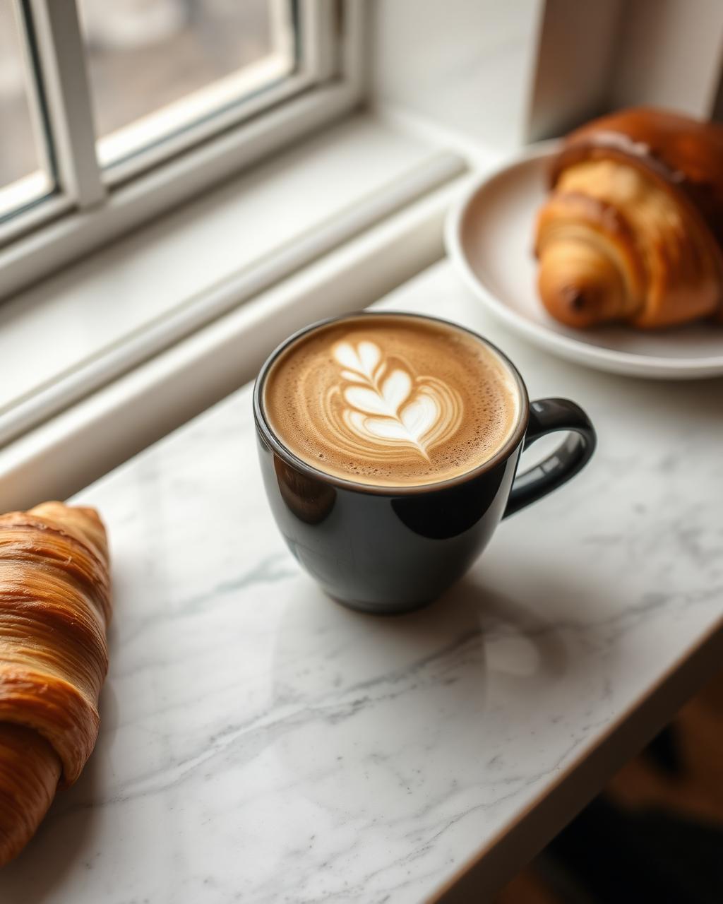 Cappuccino mit Latte-Art am Fenster