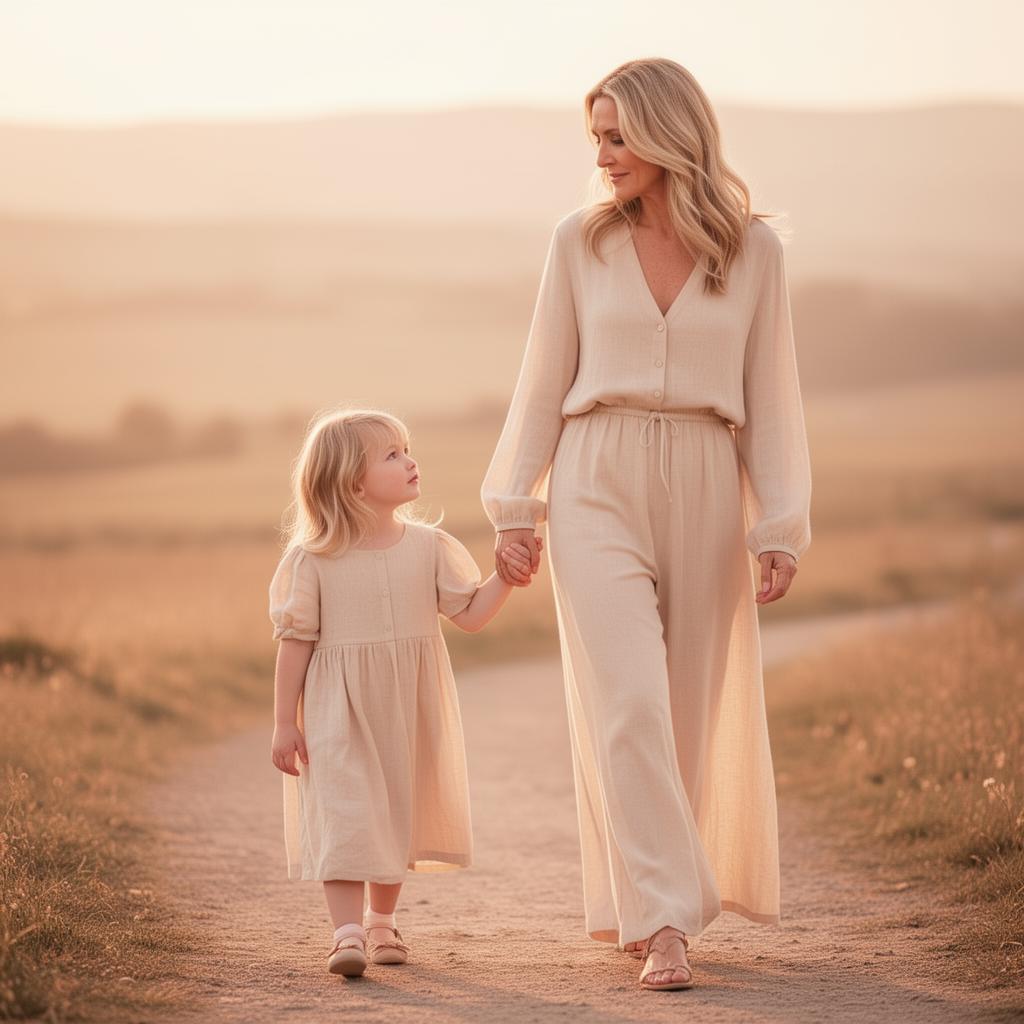 Mutter und Tochter Hand in Hand im goldenen Licht